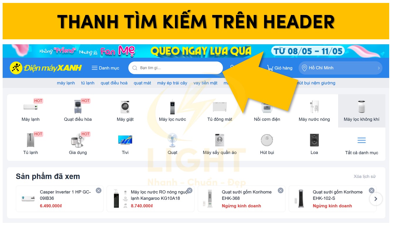 Thành tìm kiếm được tích hợp trên Header