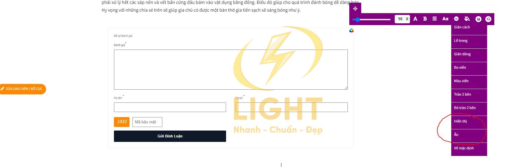 Thao tác bật tắt form bình luận trực tiếp trên trang của Light web