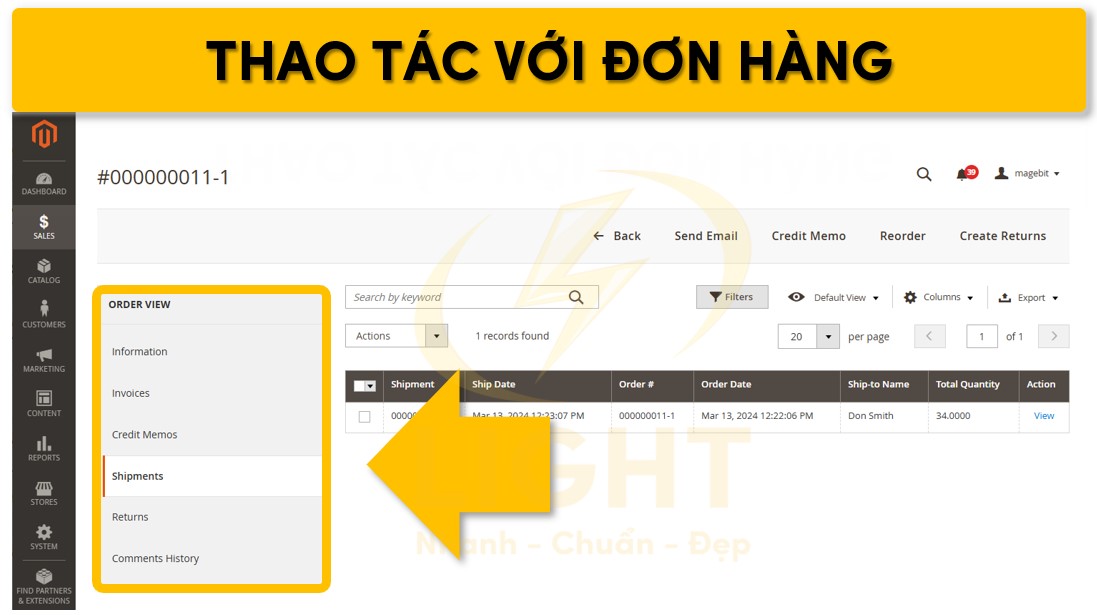 Bảng điều khiển thao tác với đơn hàng