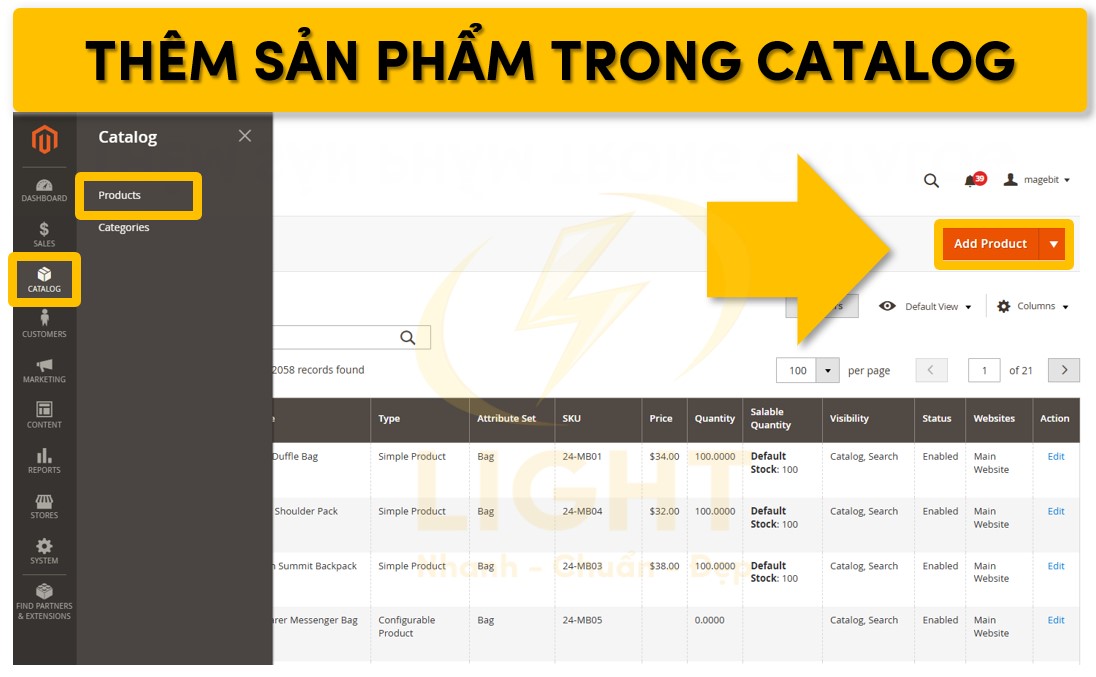 Truy cập vào mục Catalog để thêm sản phẩm trong phần Product