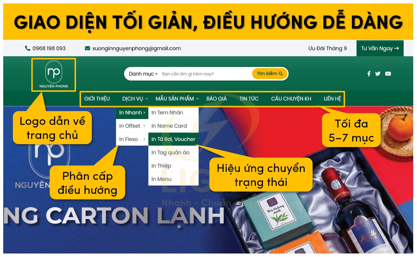 Giao diện header tối giản và điều hướng dễ dàng