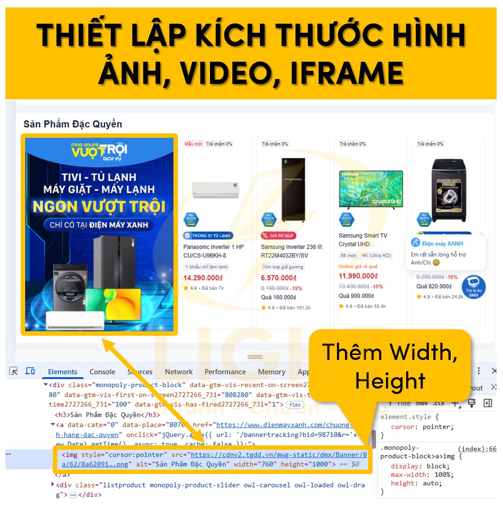 Tối ưu và đặt kích thước cho hình ảnh, video, iframe