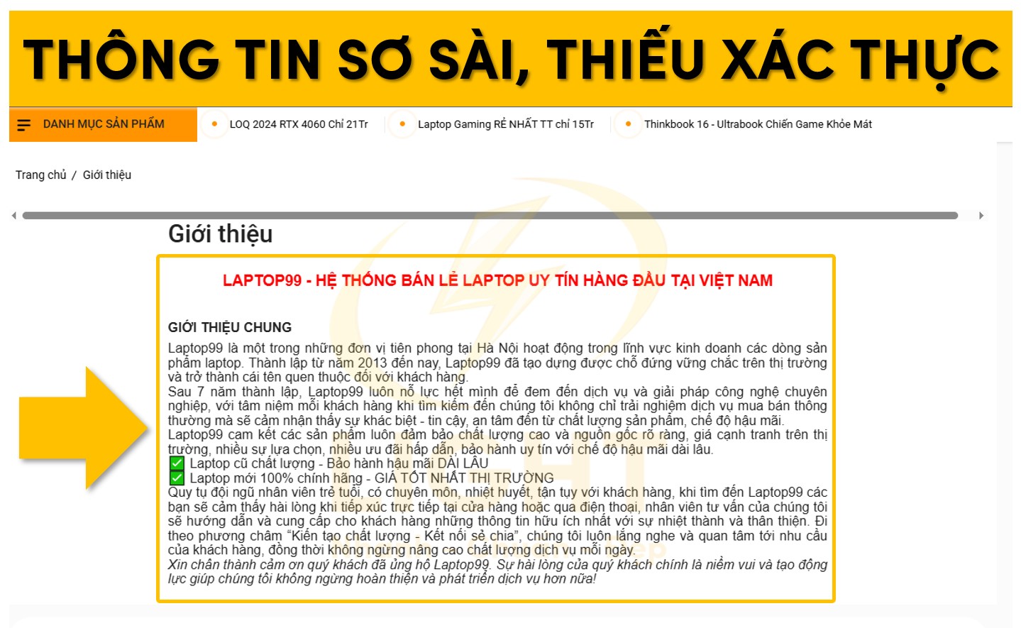 Thông tin trên trang giới thiệu thiếu xác thực, rời rạc