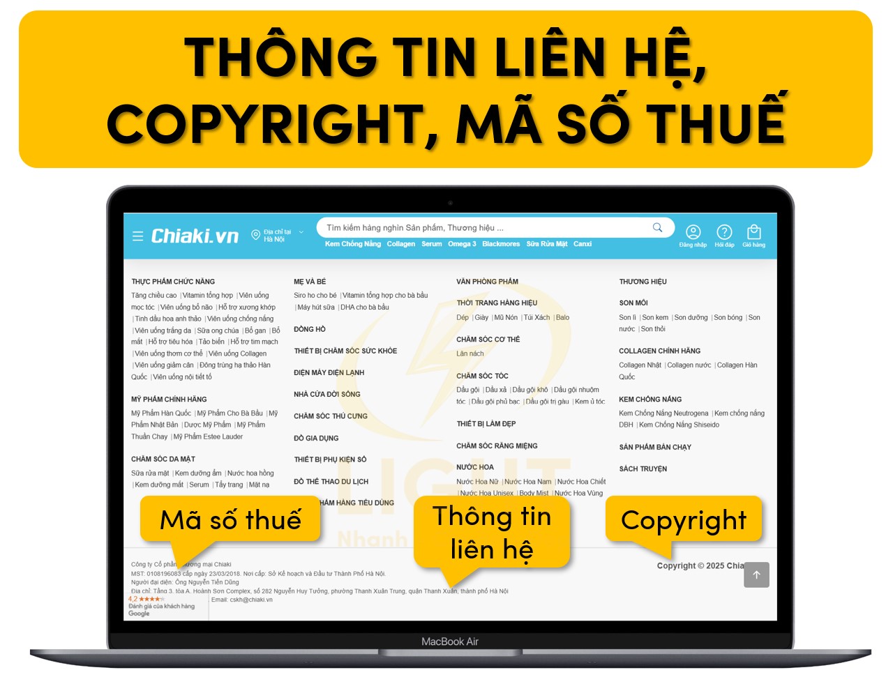 Các thông tin cung cấp trên footer như copyright, mã số thuế, thông tin liên hệ