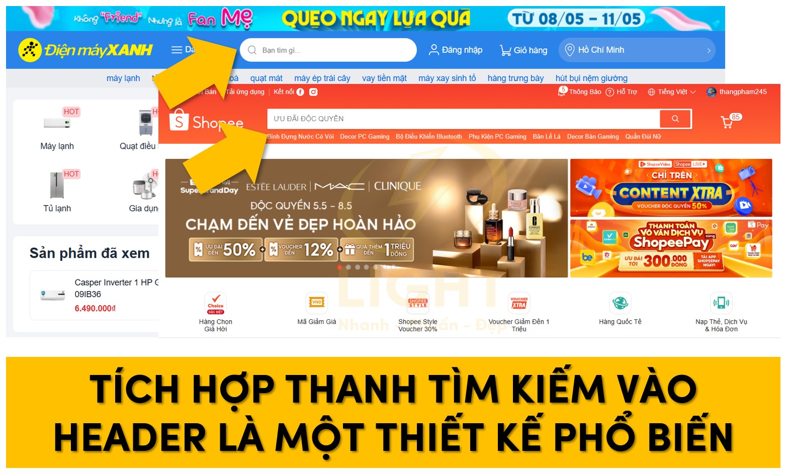 Thiết kế header phổ biến có tích hợp vào header