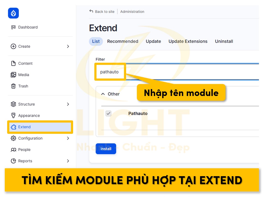 Nhập tên module tại ô tìm kiếm để lựa chọn module phù hợp