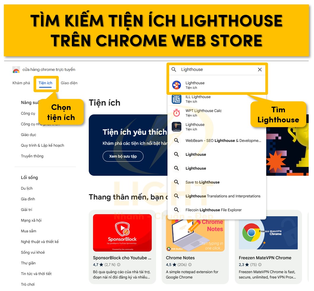 Tìm kiếm tiện ích Lighthouse trên Chrome Web Stor