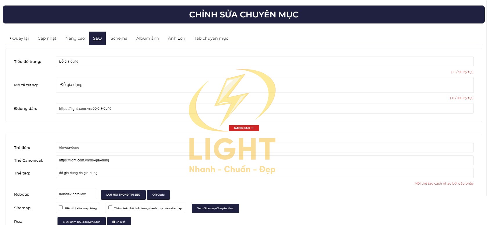 Tính năng điều chỉnh SEO trên hệ thống LIGHT web