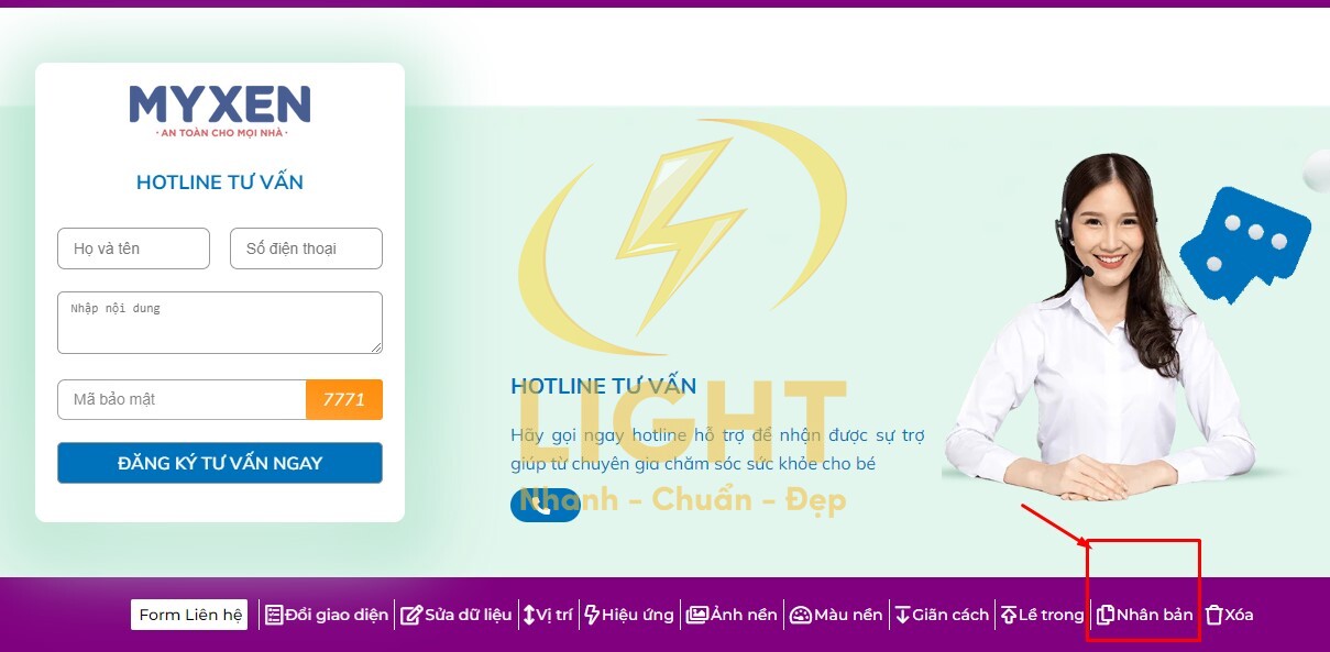 Tính năng nhân bản trang bị trên các modul của LIGHT web