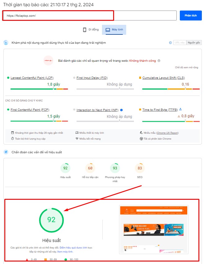 Tốc độ webiste được LIGHT tối ưu trên thang đo Developer Speed Insight của Google