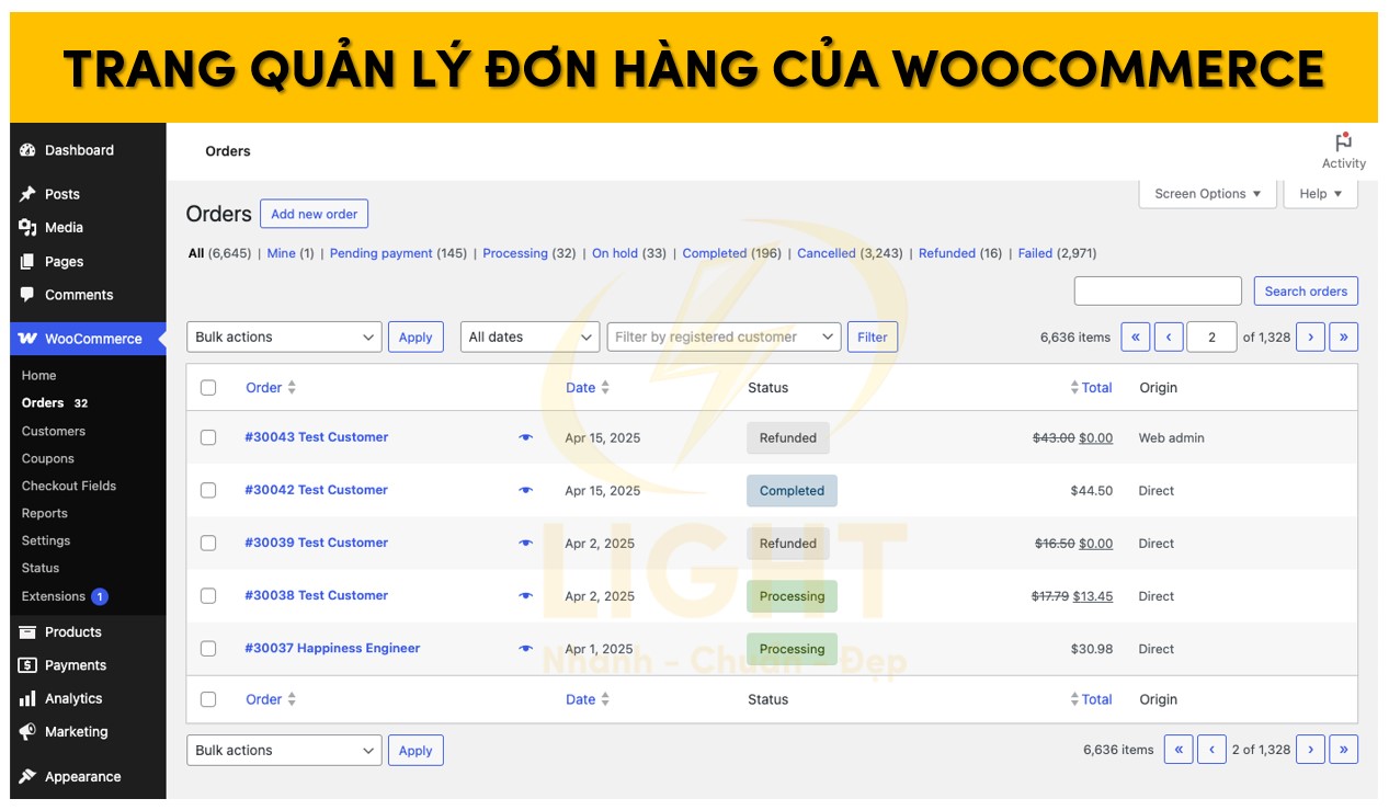 Giao diện trang quản lý đơn hàng của WooCommerce 