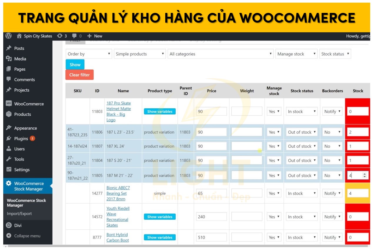 Giao diện trang quản lý kho hàng của WooCommerce 