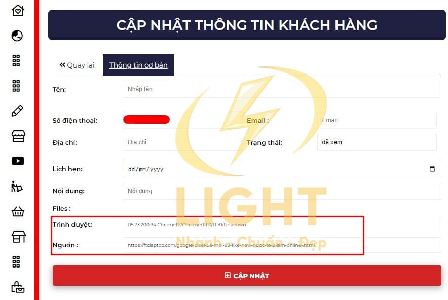 Trang thông tin khách hàng mà LIGHT cung cấp