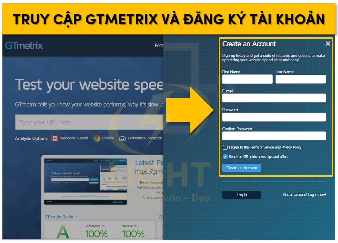 Truy cập GTmetrix và đăng ký tài khoản