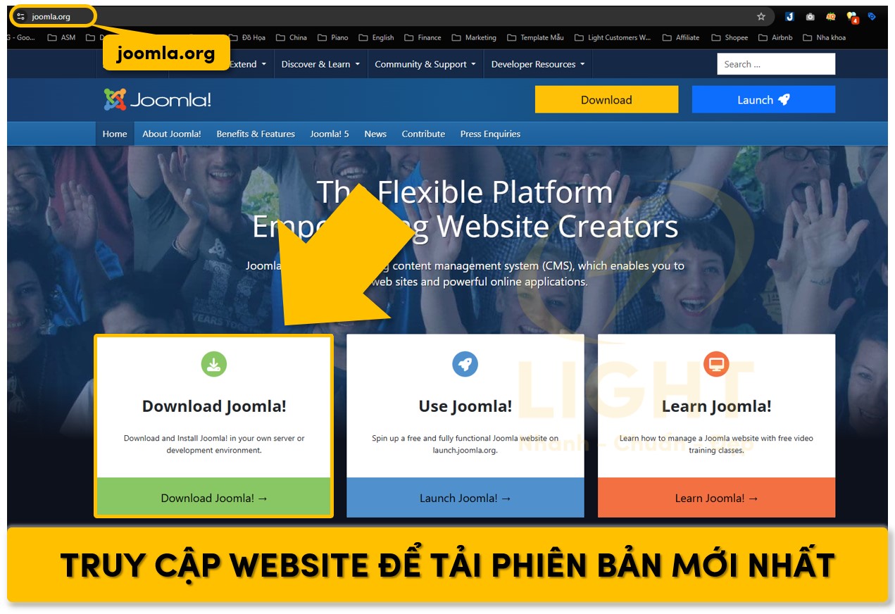 Vào Joomla và tải phiên bản phù hợp