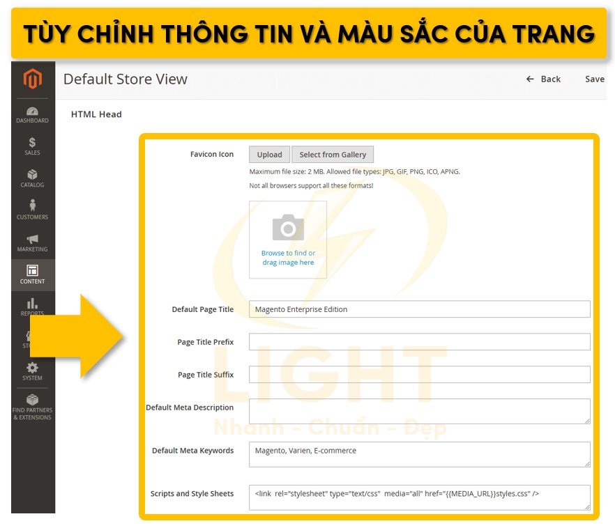 Cài đặt một số thông tin và màu sắc của trang