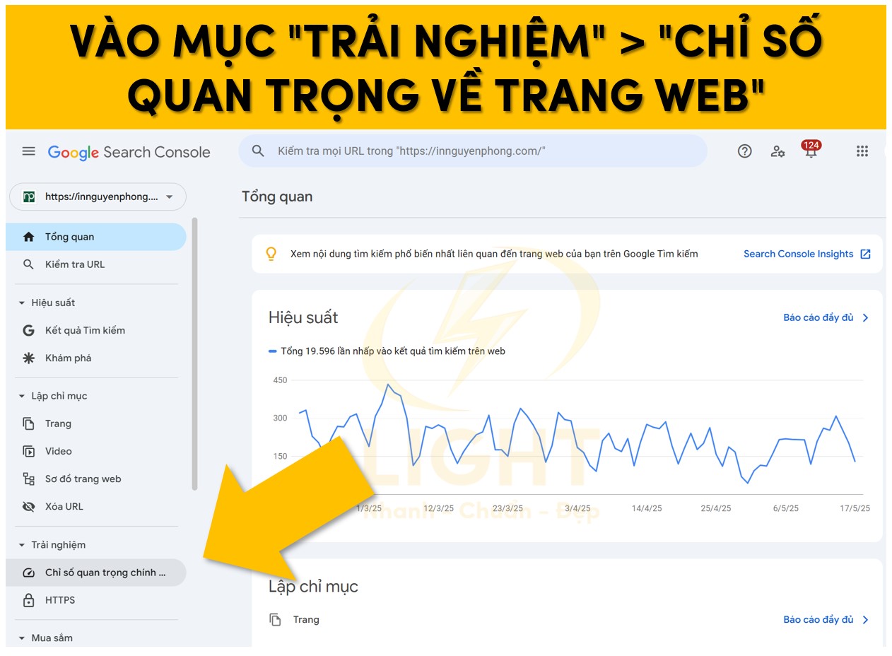 Truy cập vào trải nghiệm và chọn và mục chỉ số quan trọng về trang web