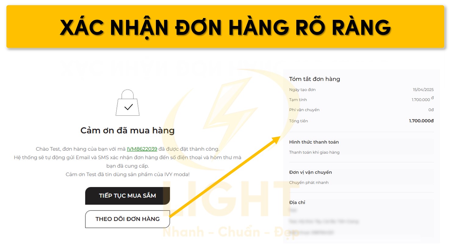 Thông báo xác nhận đơn hàng rõ ràng