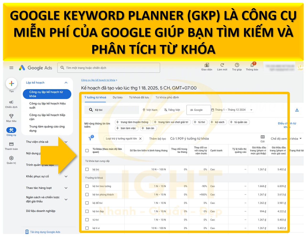 Google Keyword Planner (GKP) là công cụ miễn phí của Google giúp bạn tìm kiếm và phân tích từ khóa.