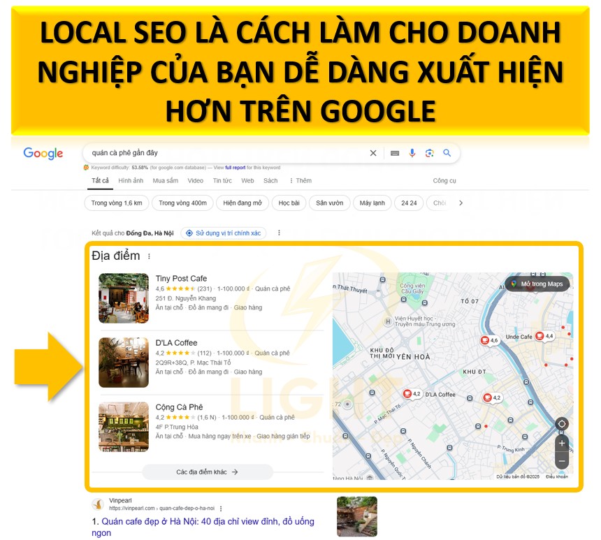 Local SEO (tối ưu hóa công cụ tìm kiếm theo khu vực địa lý) là cách làm cho doanh nghiệp của bạn dễ dàng xuất hiện hơn trên Google