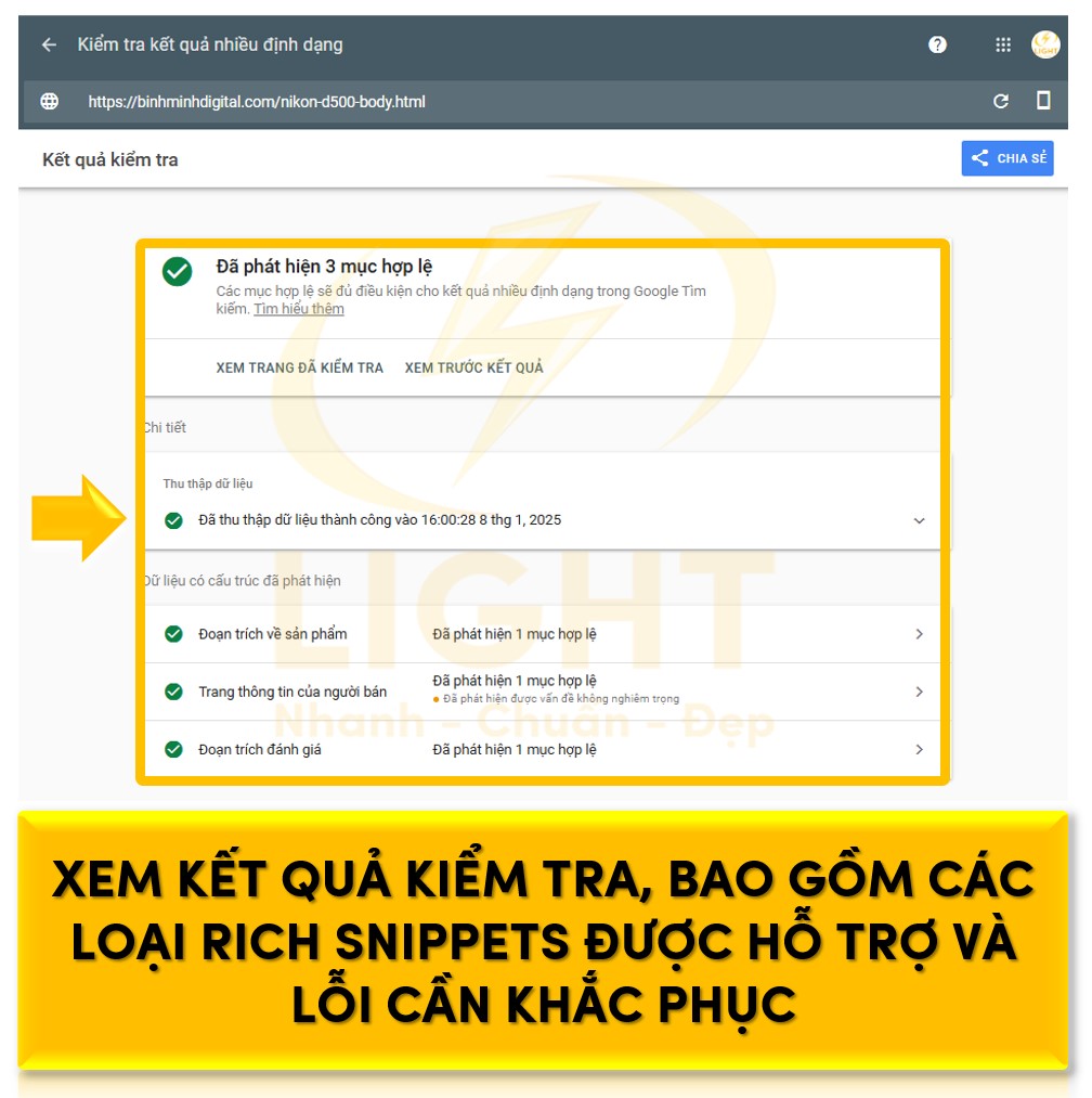 Xem kết quả kiểm tra, bao gồm các loại Rich Snippets được hỗ trợ 