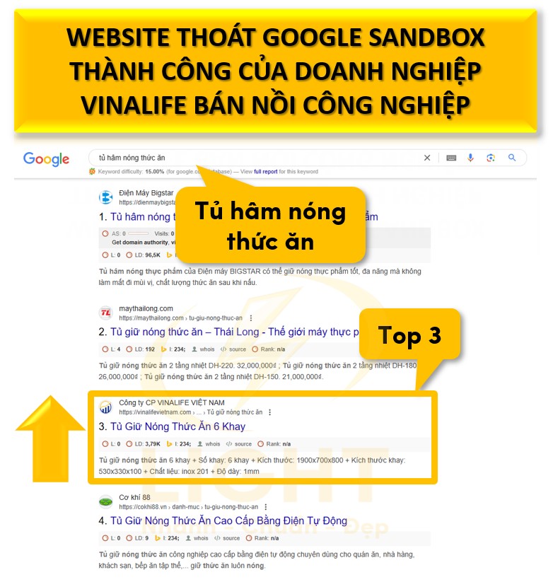 Website thoát Google Sandbox thành công của Vinalife bán nồi công nghiệp