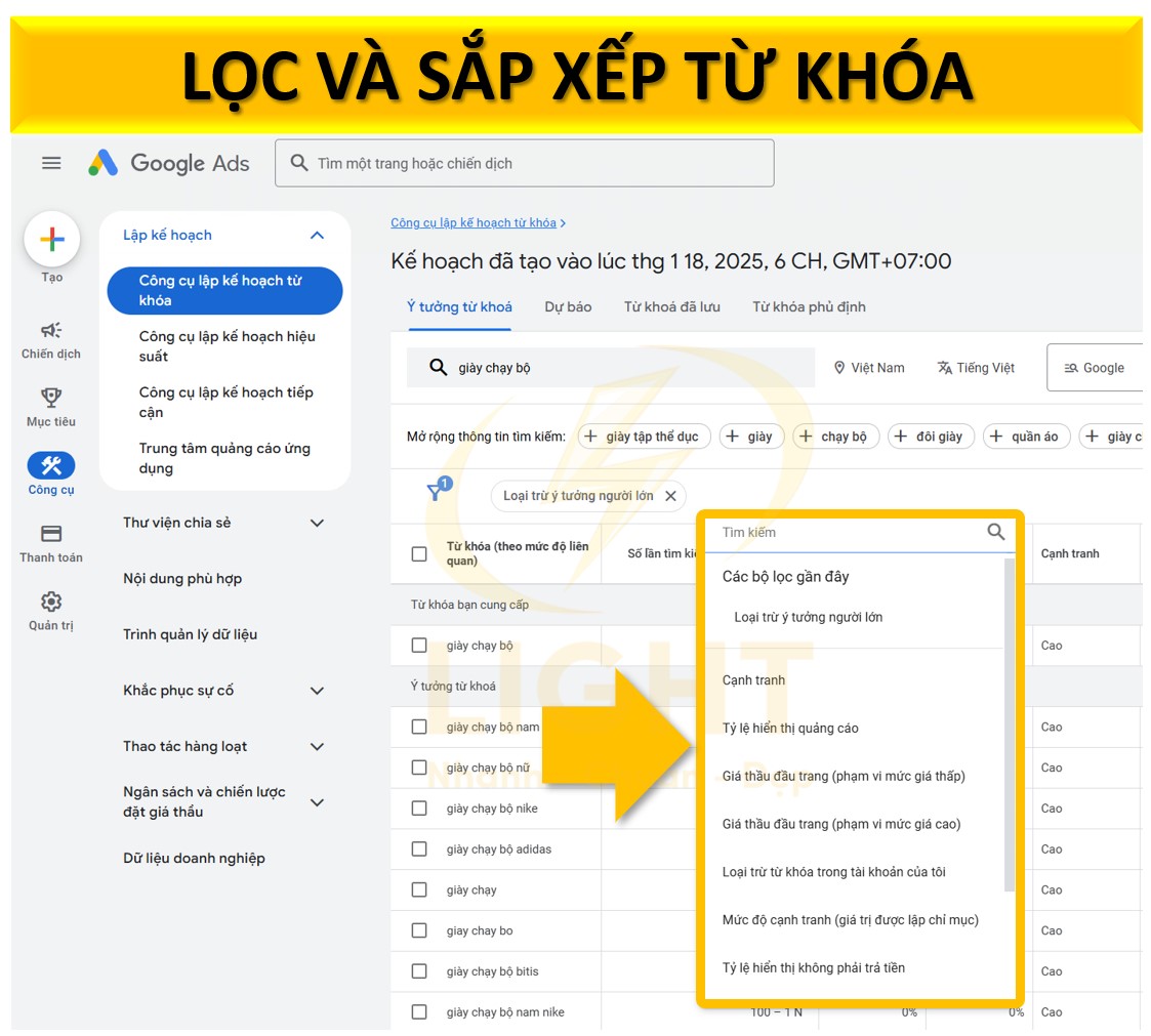 Lọc và sắp xếp từ khóa