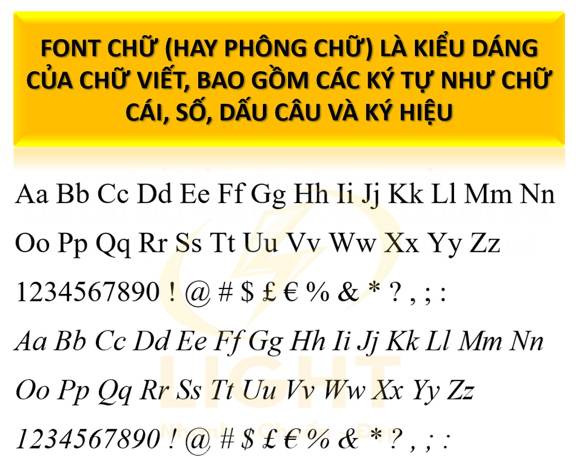 Font chữ (hay phông chữ) là kiểu dáng của chữ viết, bao gồm các ký tự như chữ cái, số, dấu câu và ký hiệu.