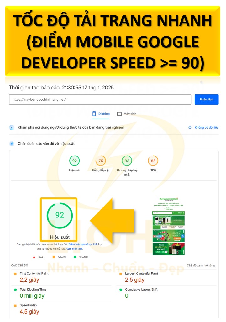 Tốc độ tải trang nhanh (Điểm Mobile Google Developer Speed >= 90)