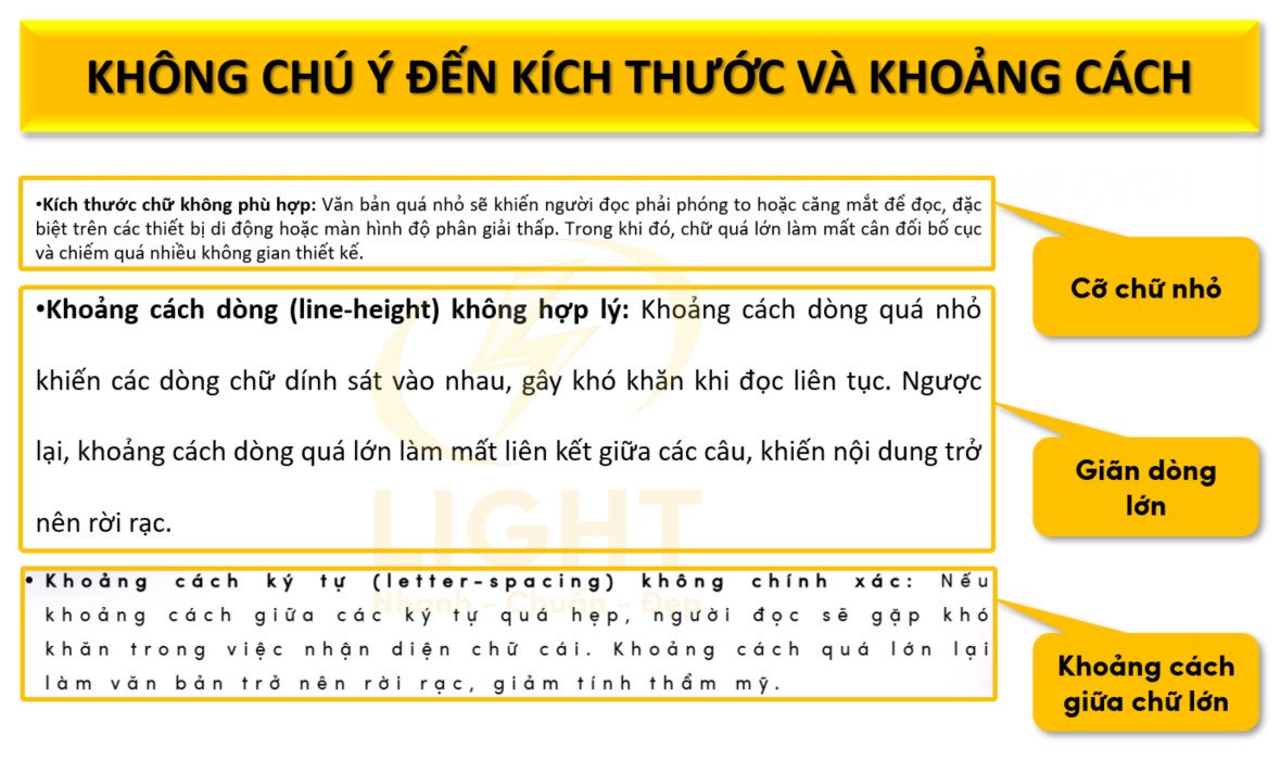 Không chú ý đến kích thước và khoảng cách