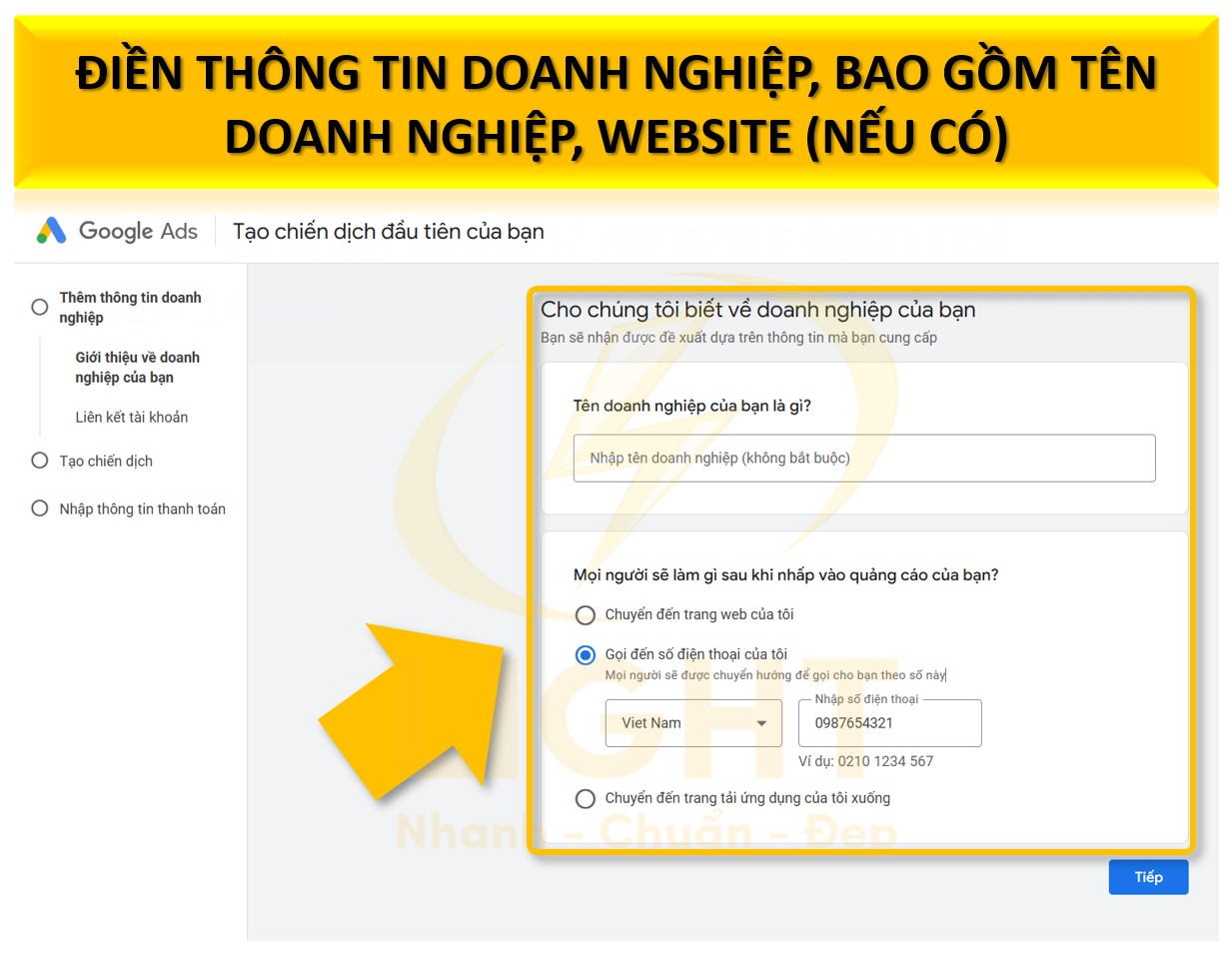 Điền thông tin doanh nghiệp, bao gồm tên doanh nghiệp, website (nếu có).