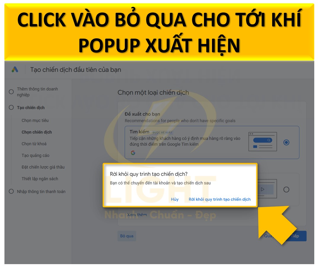 Nhấn bỏ qua cho đến khi popup xuất hiện