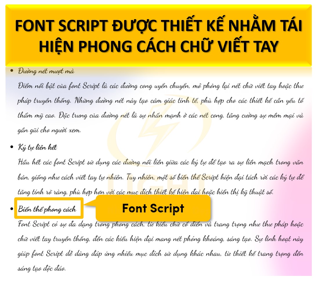 Font Script được thiết kế nhằm tái hiện phong cách chữ viết tay hoặc thư pháp