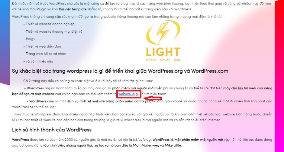 Liên kết nội bộ tại một bài viết của LIGHT giúp giữ chân người dùng lâu hơn