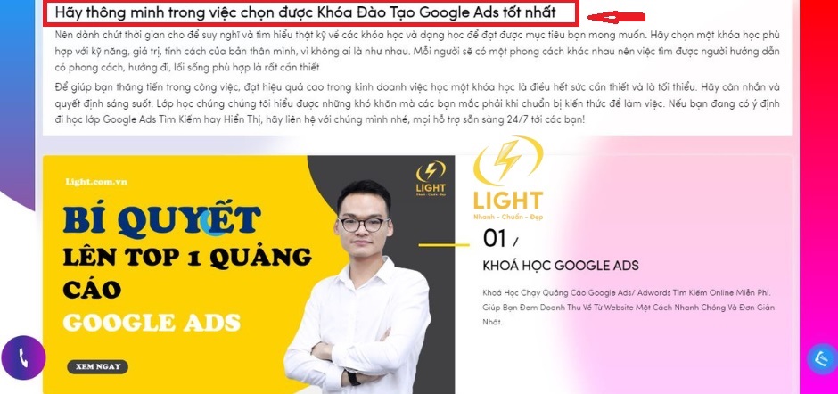 Nội dung trang đích của web LIGHT được tối ưu và hướng người dùng tới hành động CTA