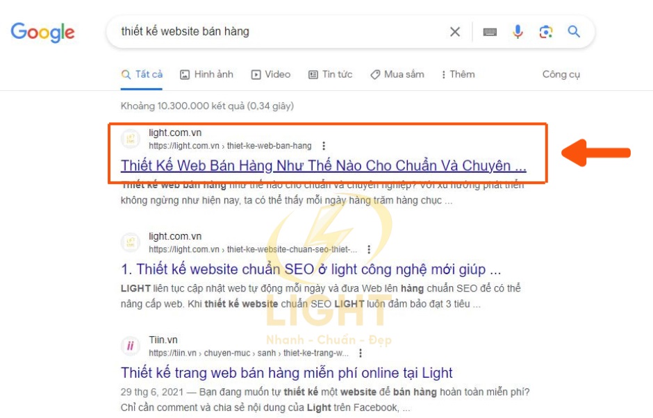 Nguồn organic traffic của web LIGHT cho từ khóa thiết kế website bán hàng