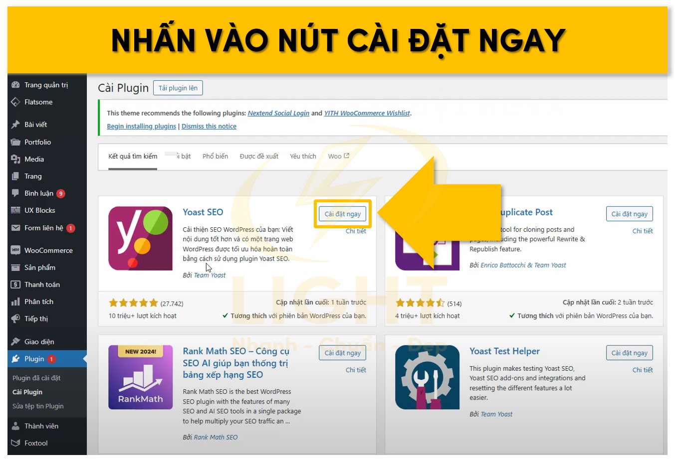 Chọn vào nút cài đặt ngay để chạy quá trình cài plugin Yoast SEO