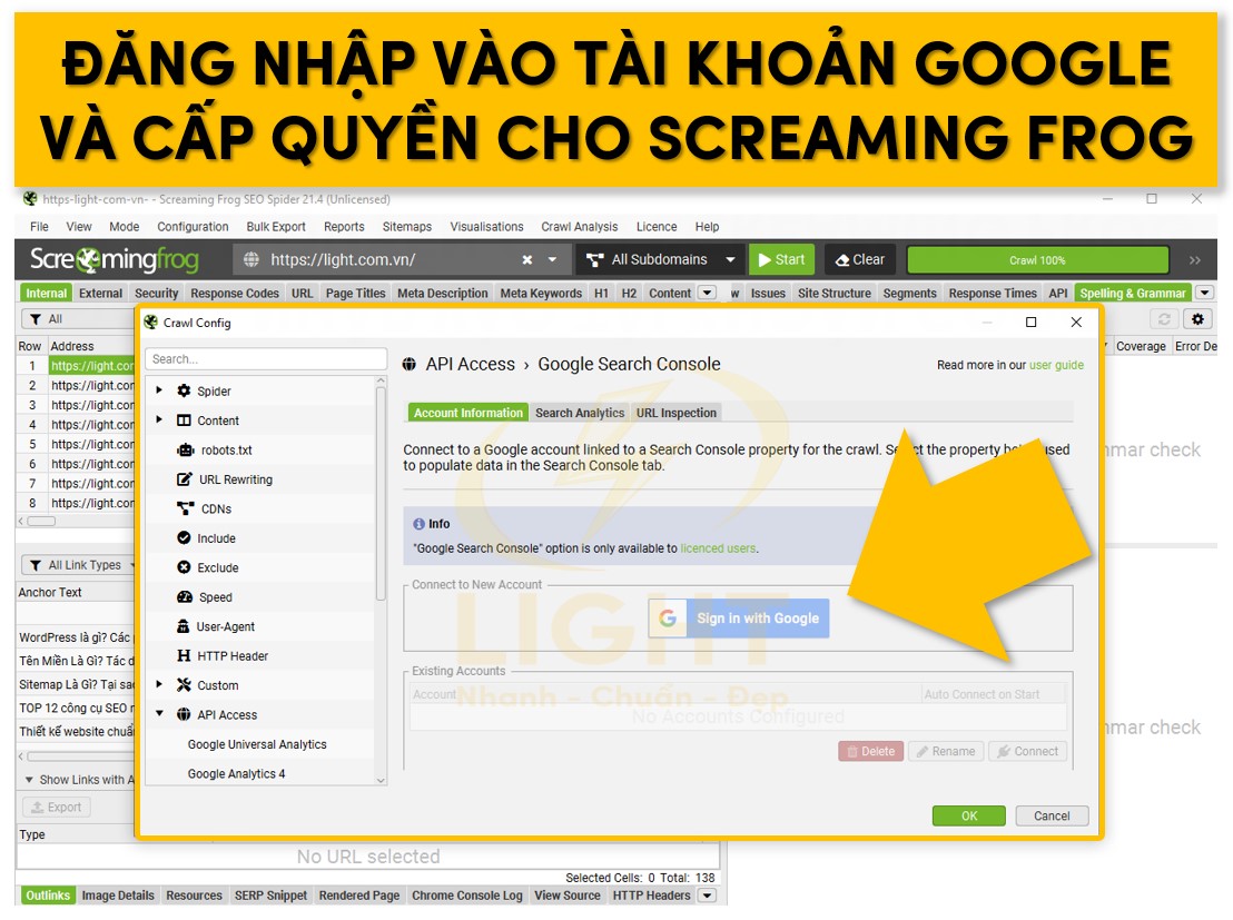 Lựa chọn đăng nhập với Google và cấp quyền cho Scearming Frog