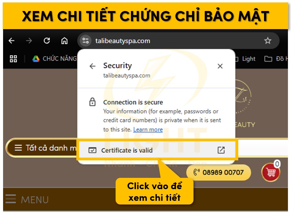 Click vào "Certificate is valid" để xem thông tin chi tiết của bảo mật