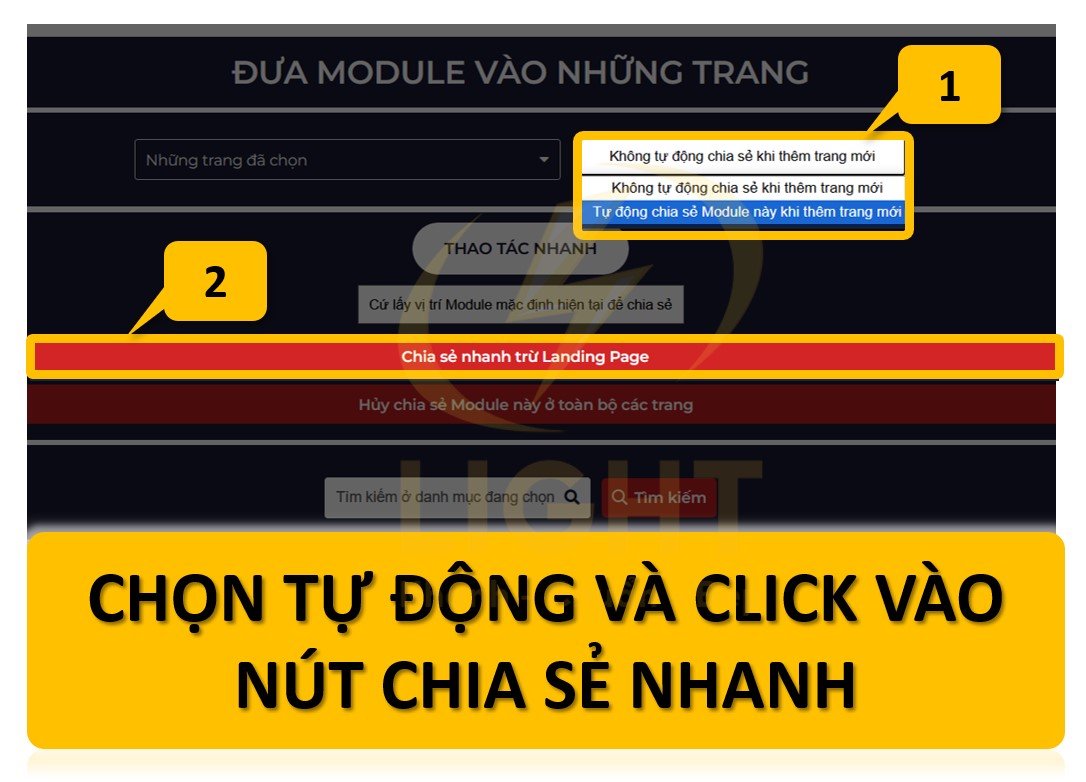 nhấn chọn vào nút Chia sẻ nhanh trừ Landing Page