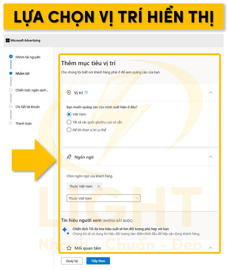 Lựa chọn vị trí hiển thị quảng cáo Bing Ads