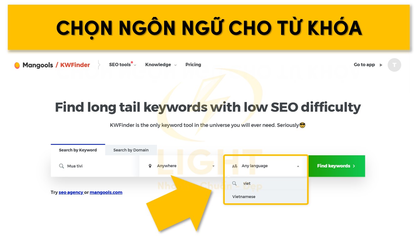 Nhập và lựa chọn ngôn ngữ phù hợp với từ khóa