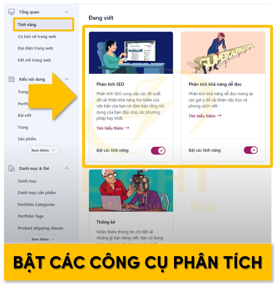 Lựa chọn tính năng phân tích và đọc nội dung bài viết trong Yoast SEO