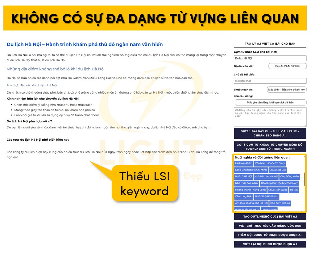 Không có sự đa dạng trong bài viết bởi thiếu các từ vựng liên quan