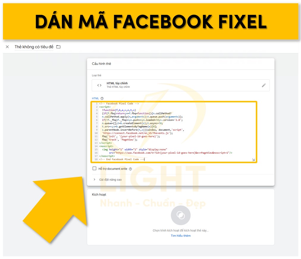 Lấy mã Pixel từ tài khoản Facebook Ads và dán vào khung HTML.