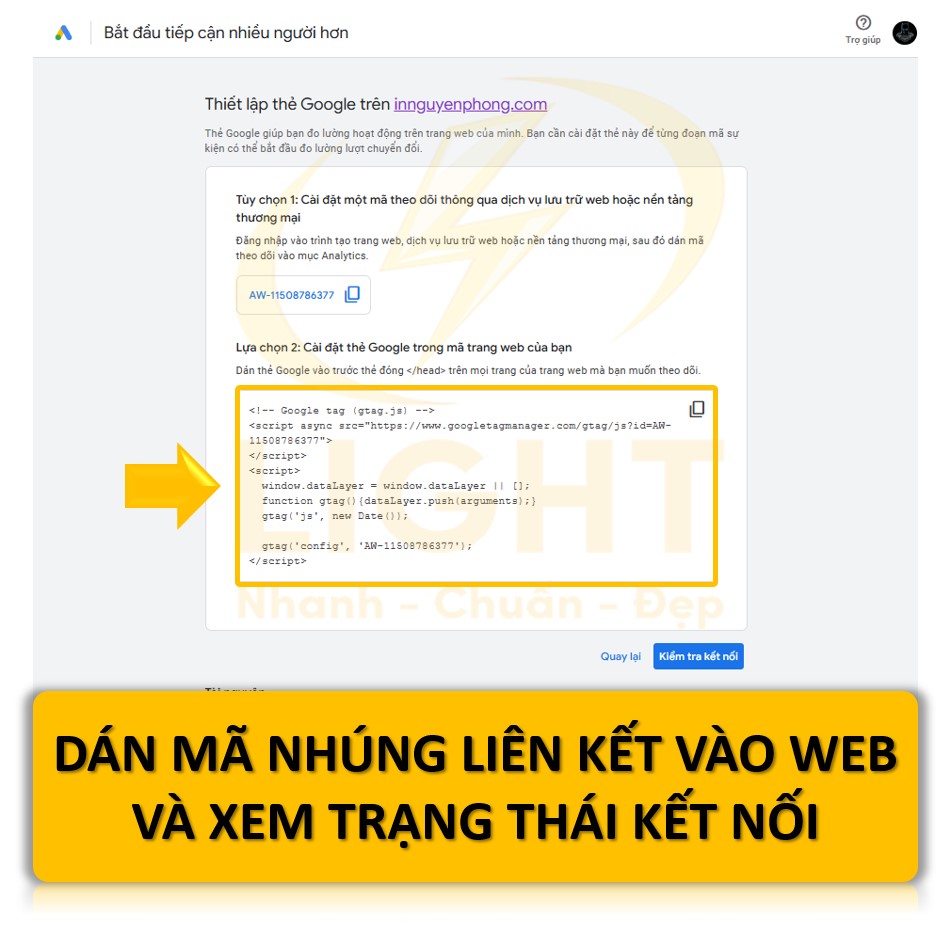 dán mã nhúng liên kết mà Google Ads cung cấp vào phần Head của website.