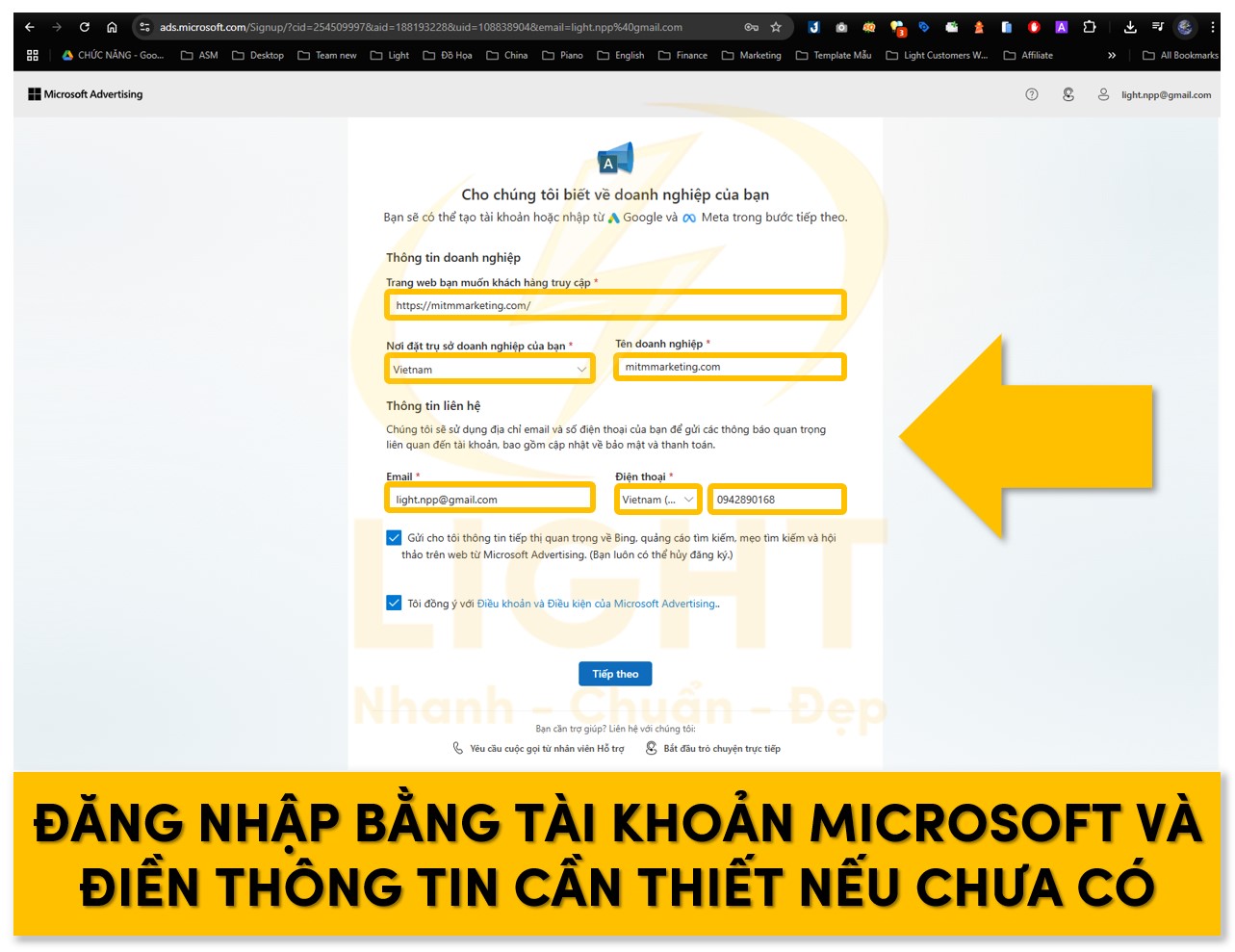 Đăng nhập tài khoản Microsoft và điền thông tin cần thiết nếu chưa có vào Bing Ads