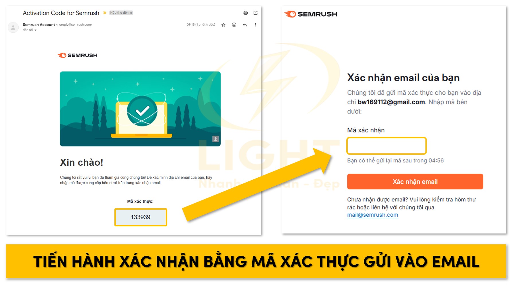 Lấy mã xác thực tại Gmail và điền vào Semrush