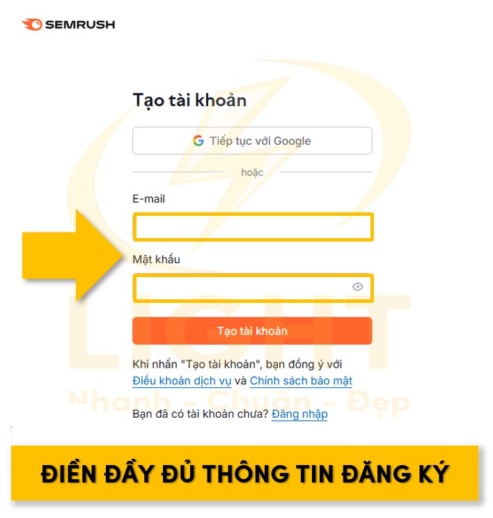 Nhập thông tin email và mật khẩu để đăng ký tài khoản Semrush