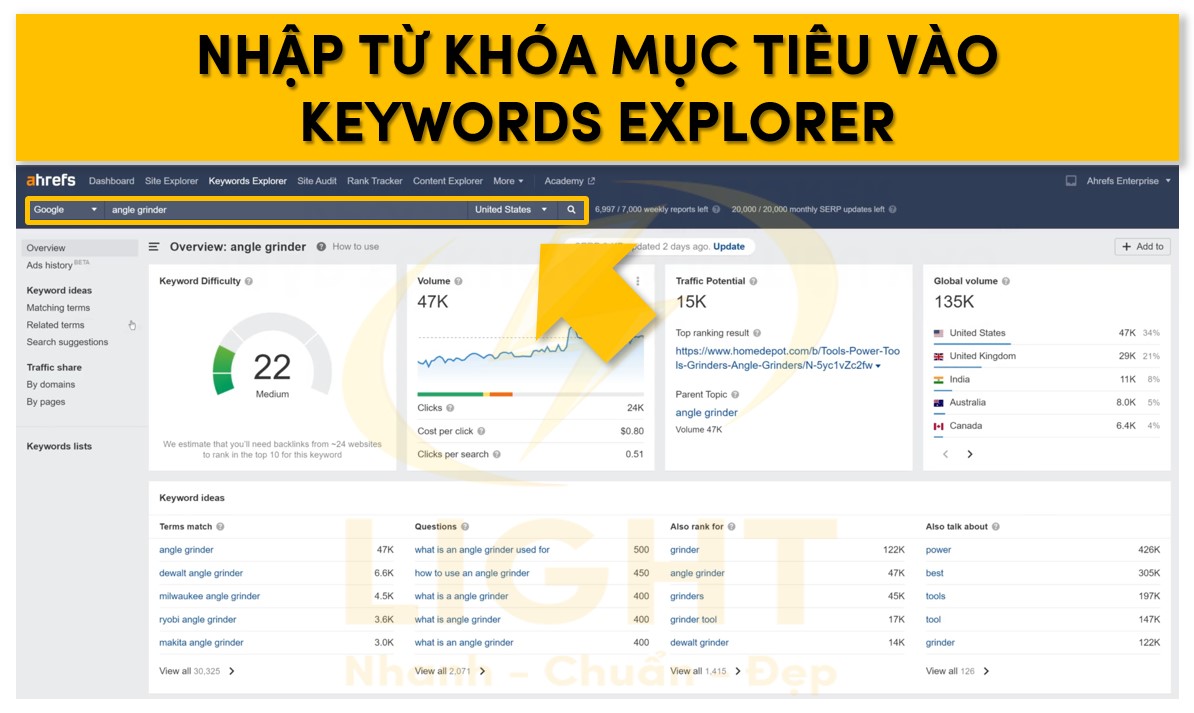 Vào Keywords Explorer, nhập từ khóa chính hoặc danh sách từ khóa vào thanh tìm kiếm.